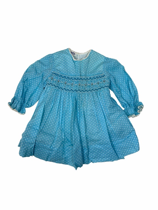 Polly Flinders Other - Polly Flinders Girls Vintage Hand Smocked Polka Dot Dress Blue Size 3 Picot Trim